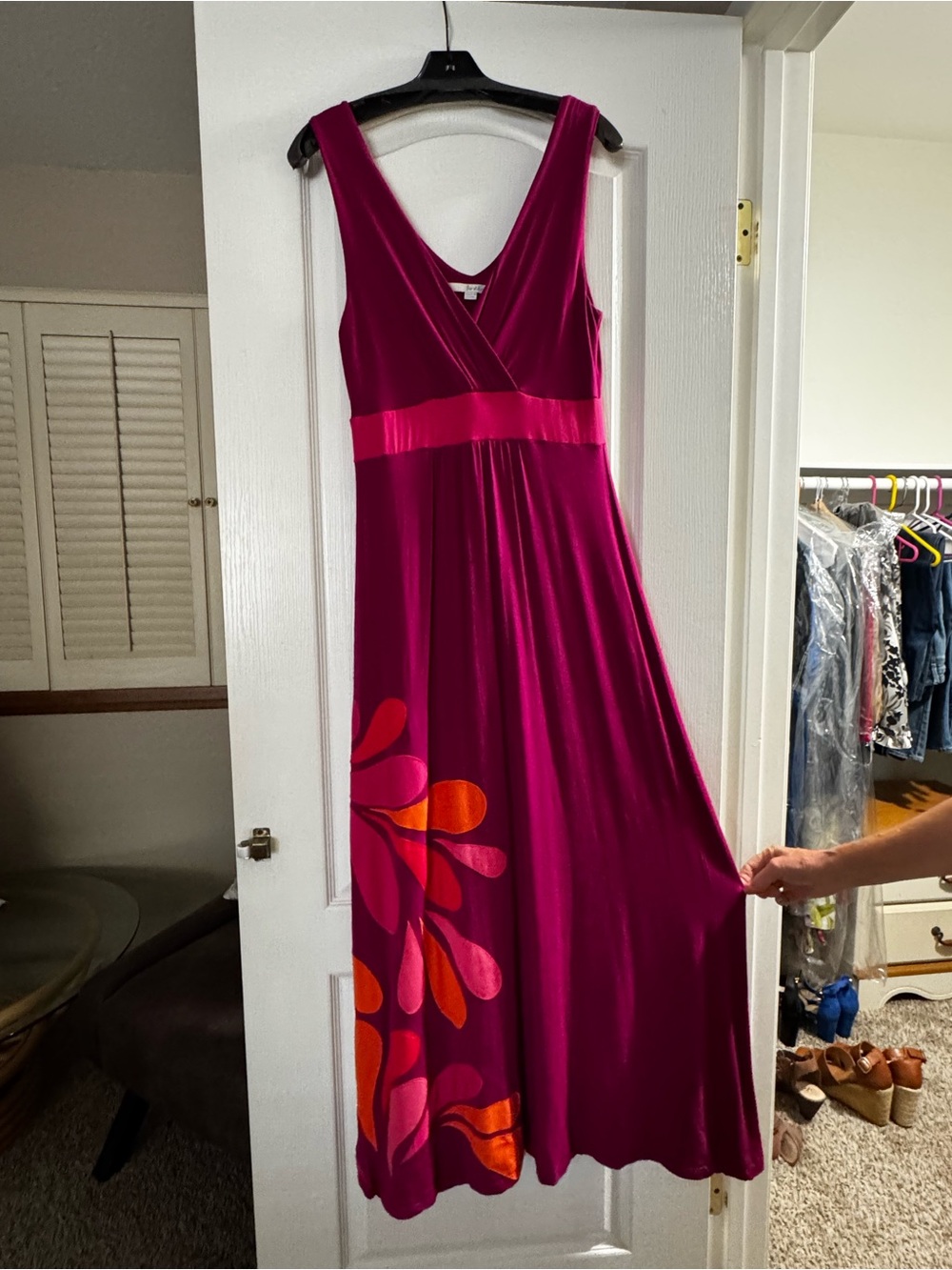 Boden Magenta Sleeveless Maxi Dress with Pink and Orange Floral Detail